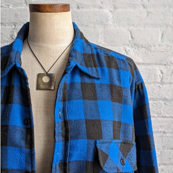 Y2K Vintage Blue Plaid Flannel Utility Blanket Thermal Oversize Coat Jacket - Picture 7 of 10